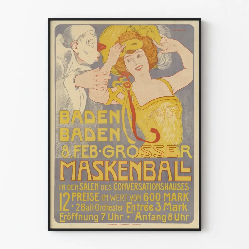 1902 Baden-Badenin naamiaisjuhlan vintage juliste