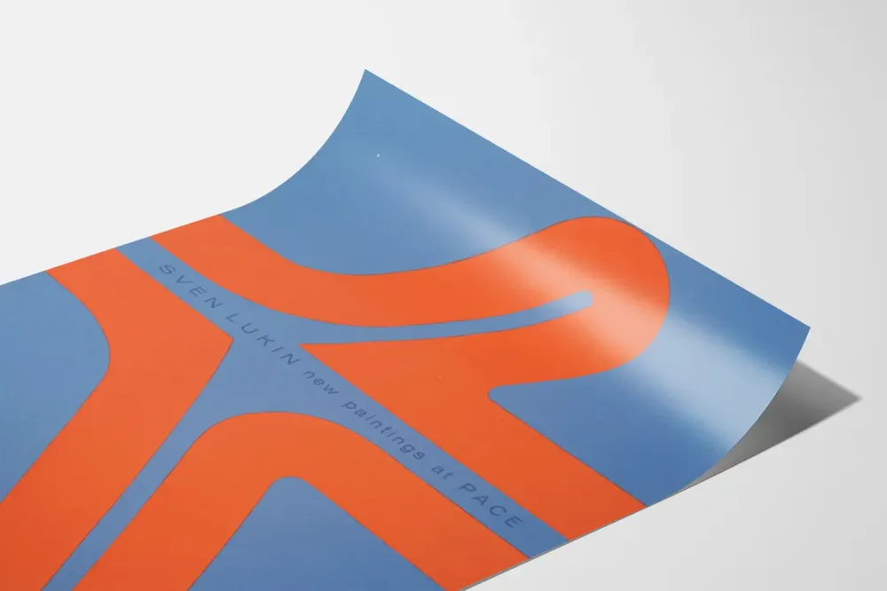 Abstrakti taiteellinen juliste Sven Lukin sinisenä ja oranssina