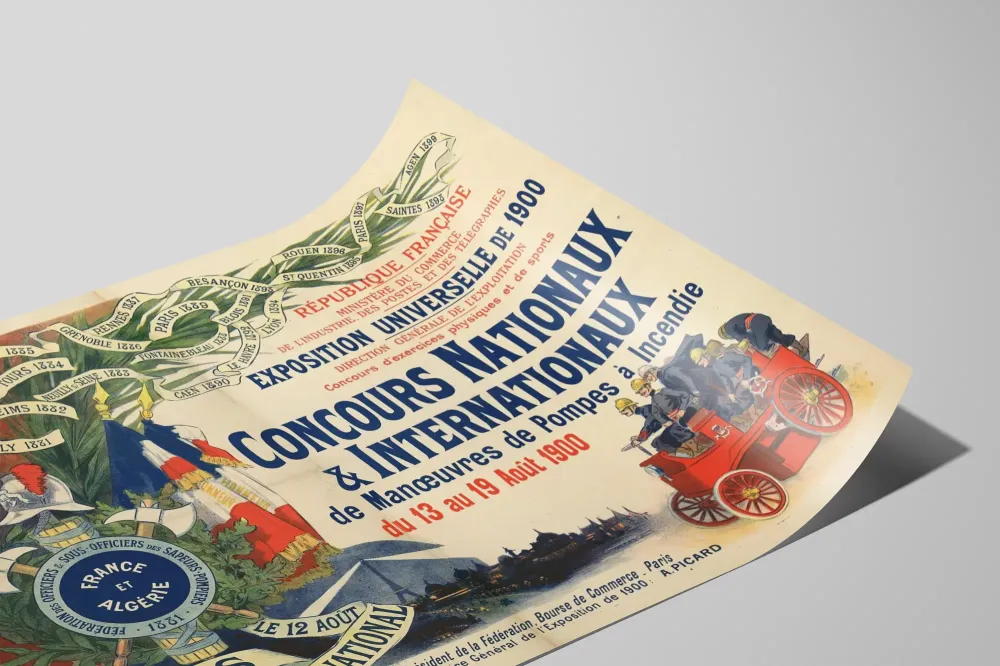 Alkuperäinen juliste maailmanäyttely 1900 Palokuntakilpailu