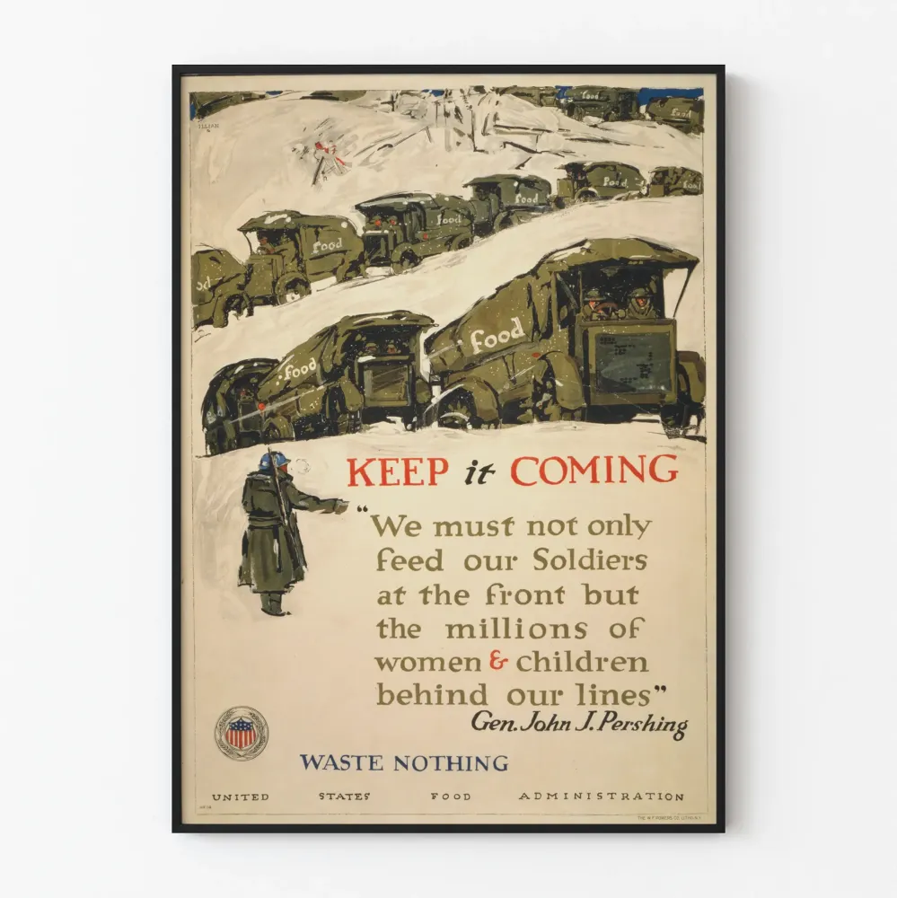 Amerikkalainen vintage-sotilaspjuliste "Keep it Coming" seinäkoristukseen