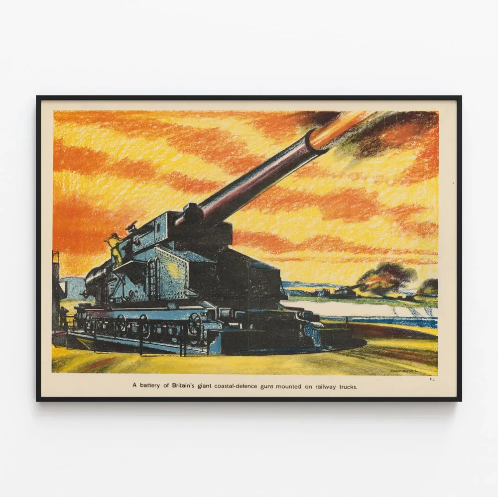 Art Déco -juliste Britannian rannikkopuolustuksen kanuuna raiteella