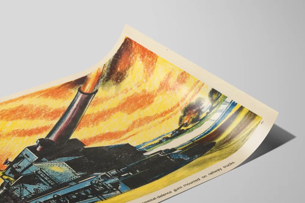 Art Déco -juliste Britannian rannikkopuolustuksen kanuuna raiteella