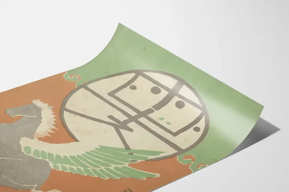 Art Déco -juliste siipihevosen ja graafisen symbolin kanssa