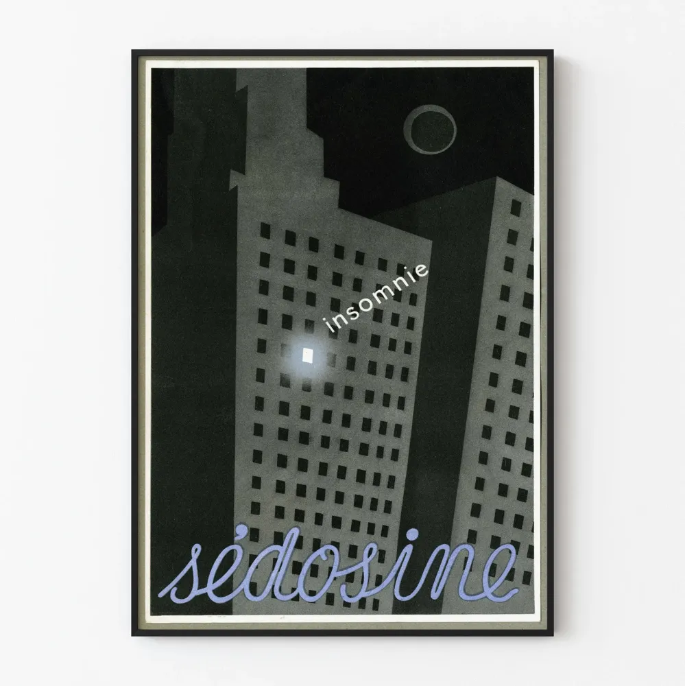 Art Déco -posteri Yön rakennukset unettomuustekstillä