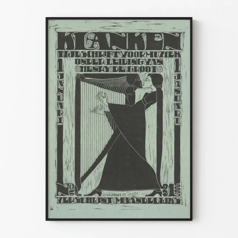 Art Deco -juliste musiikki, harppu ja halaava pari