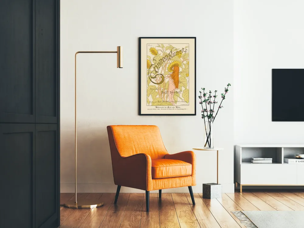 Art Nouveau -juliste auringonkukista ja alastomasta naisesta Fiduksen teoksesta