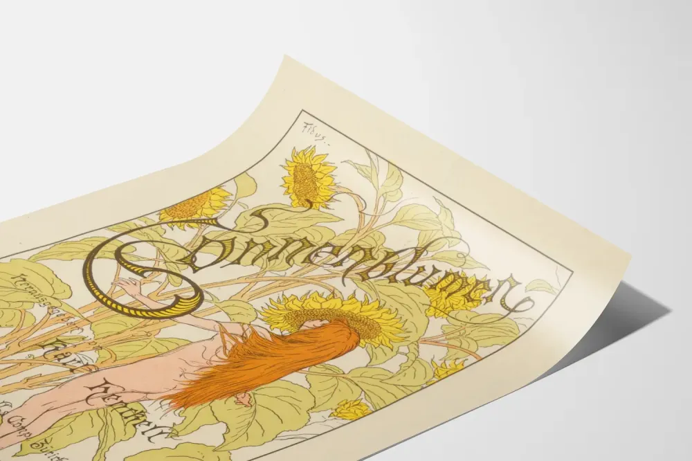 Art Nouveau -juliste auringonkukista ja alastomasta naisesta Fiduksen teoksesta