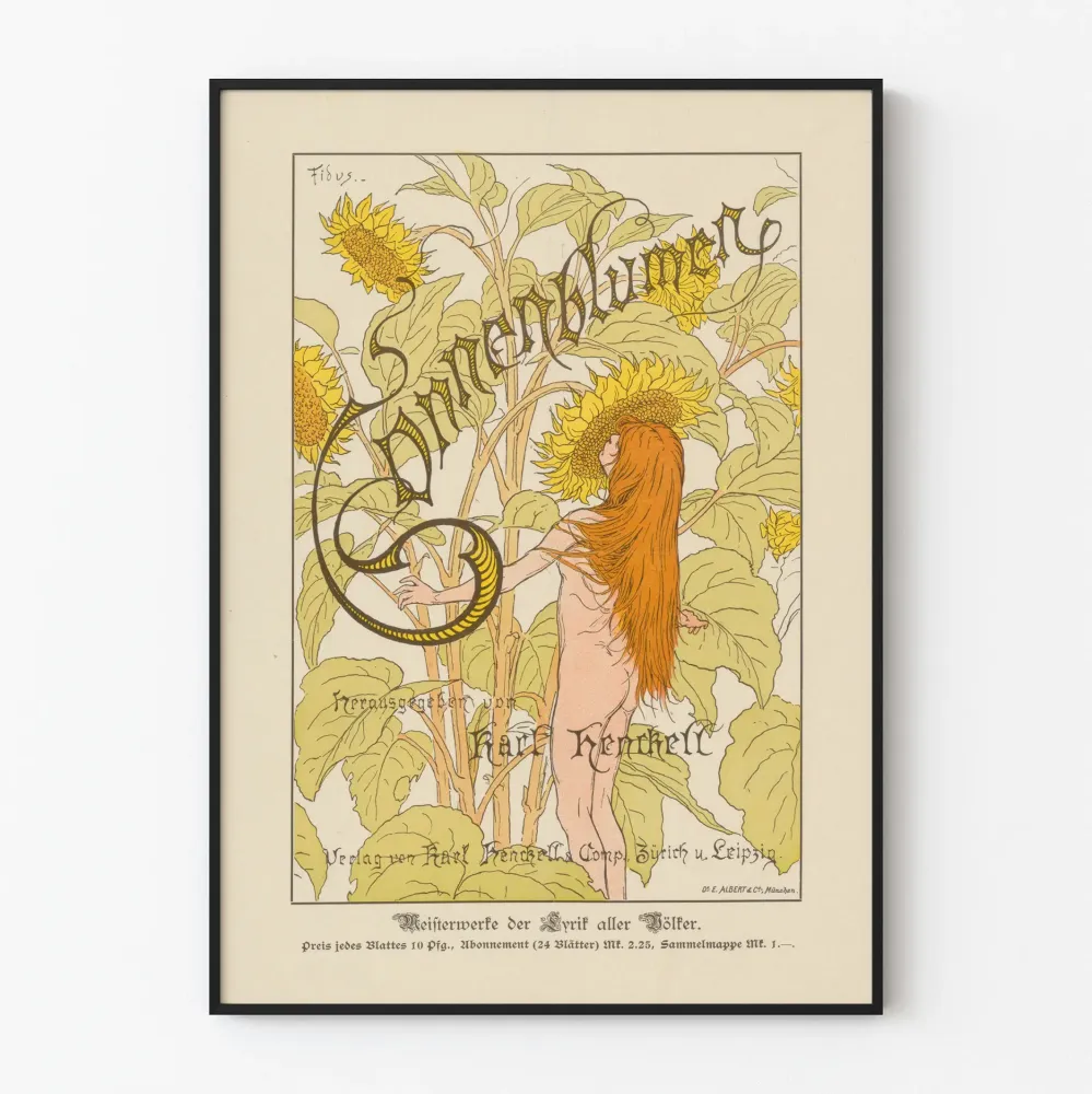 Art Nouveau -juliste auringonkukista ja alastomasta naisesta Fiduksen teoksesta