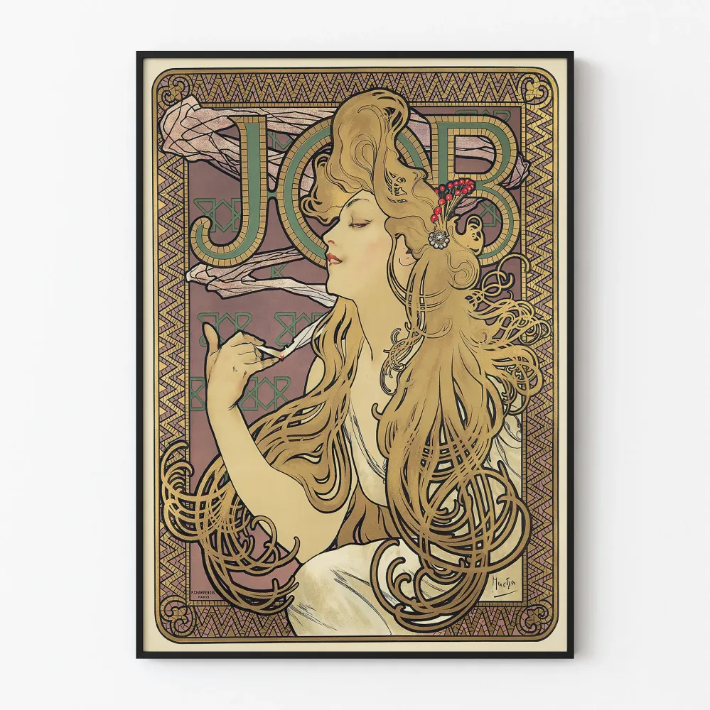 Art nouveau -juliste koristeellinen, naisellisesti tyylitelty ja kultaisilla kuvioilla