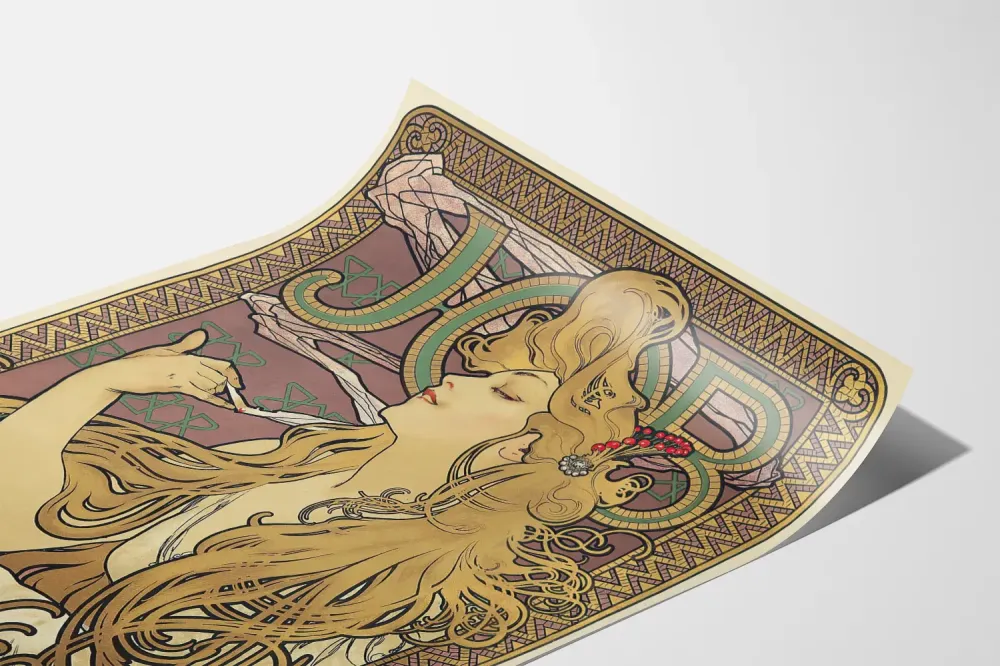 Art nouveau -juliste koristeellinen, naisellisesti tyylitelty ja kultaisilla kuvioilla