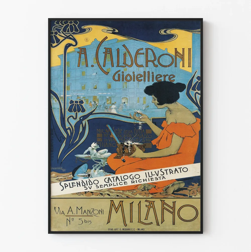 Art Nouveau -juliste mainos . Calderoni korukauppias Milanossa