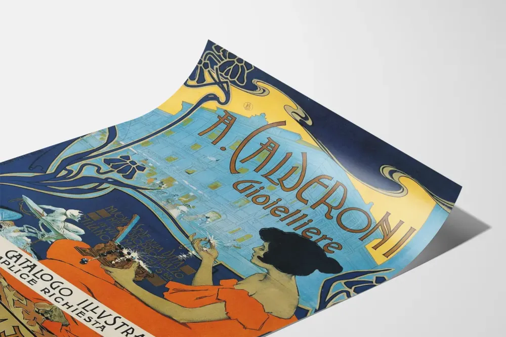 Art Nouveau -juliste mainos . Calderoni korukauppias Milanossa