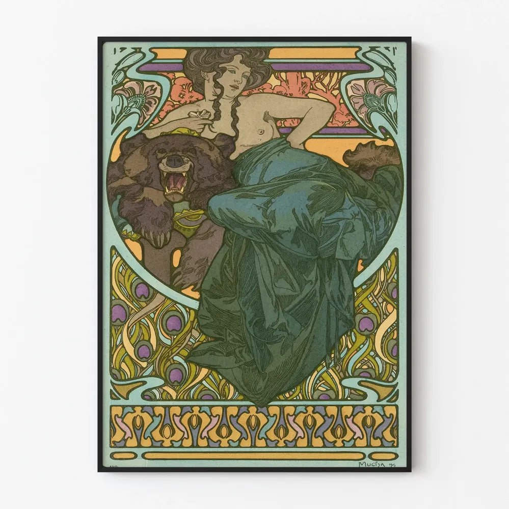 Art Nouveau -juliste nainen ja karhu - tyylikäs seinäkoriste