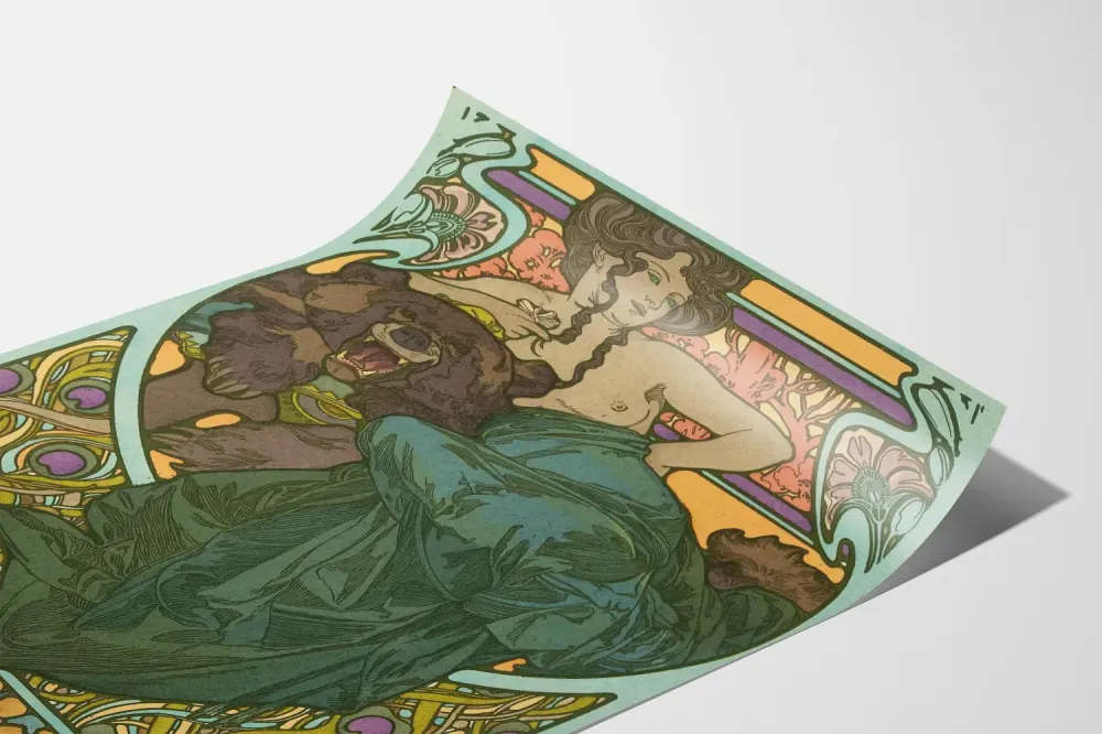 Art Nouveau -juliste nainen ja karhu - tyylikäs seinäkoriste