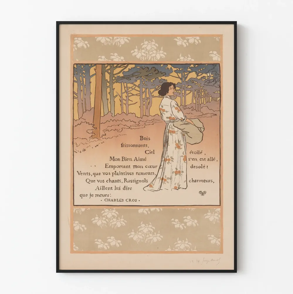 Art Nouveau -juliste Nainen metsässä ja Charles Cros'n runo