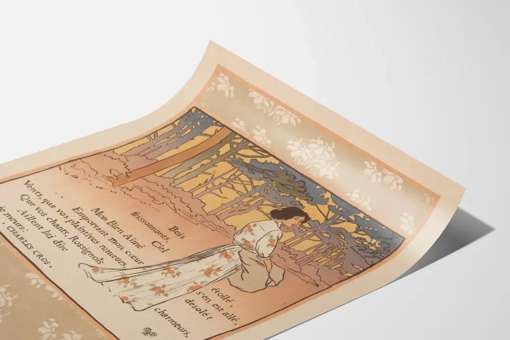 Art Nouveau -juliste Nainen metsässä ja Charles Cros'n runo
