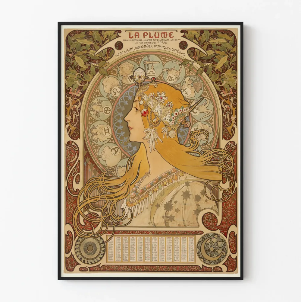 Art Nouveau -juliste Zodiaakki La Plume naisportraitilla
