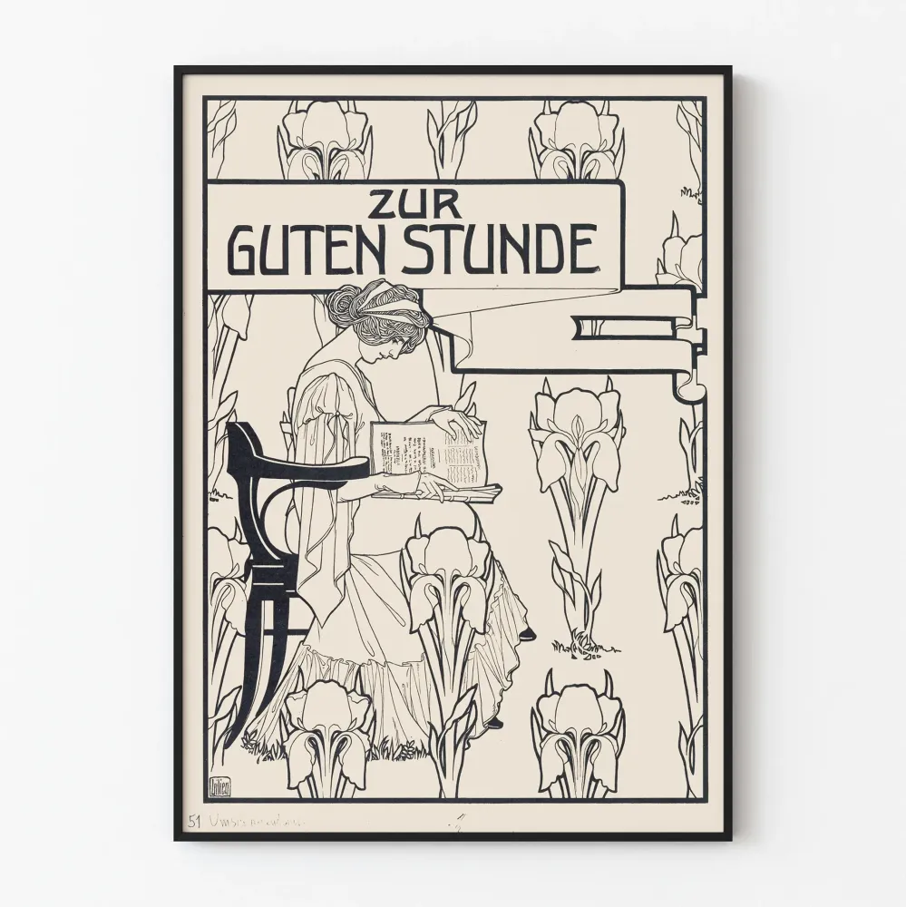 Art Nouveau -juliste Zur Guten Stunde naisen lukiessa