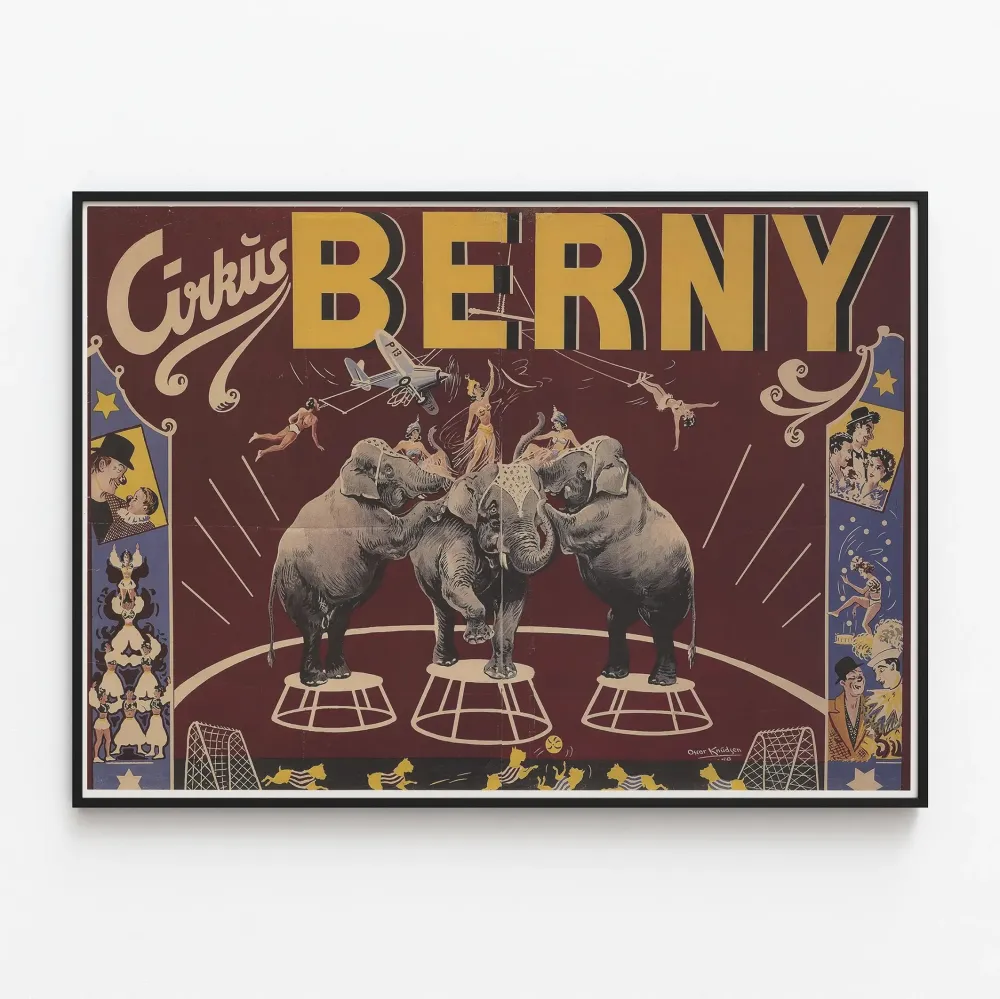 Bernyn sirkusjuliste vintage-elefantteineen ja akrobaatteineen
