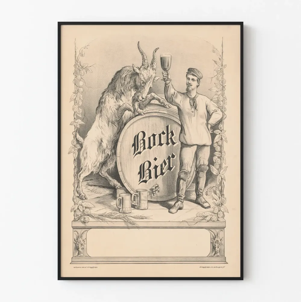 Bock Bierin vintagejuliste vuohen ja miehen kuvalla