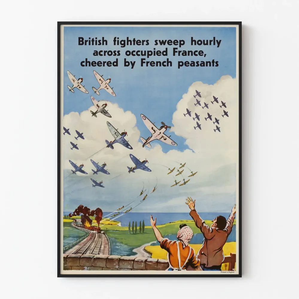 Britannialaisten vintage-lentokoneiden juliste, jotka lentävät miehitetyllä Ranskalla