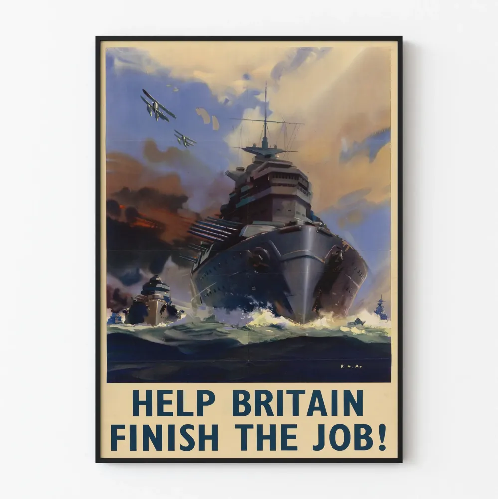 Britannian sotilaallisen propagandajulisteen, jossa on taisteluveneitä ja lentokoneita