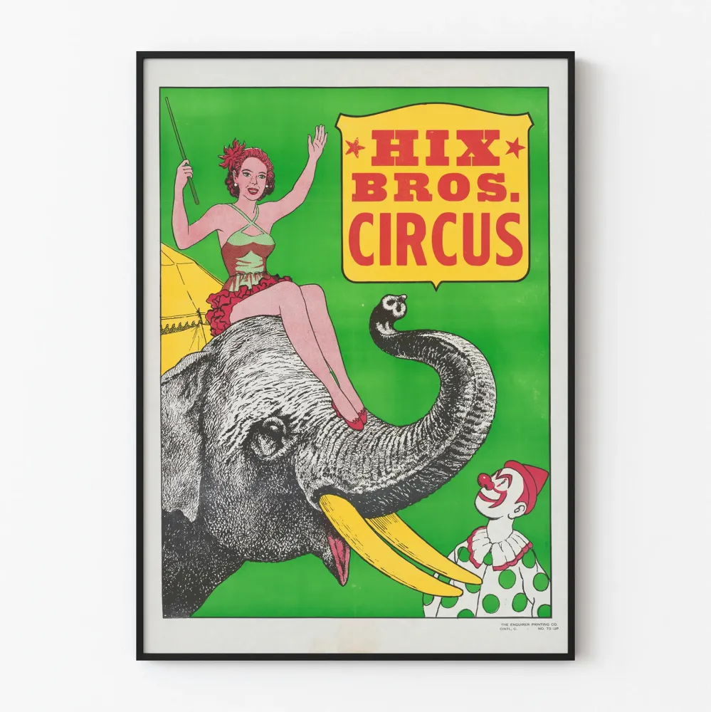 Circus Hix Bros -juliste norsun, klovnien ja taiteilijan kanssa