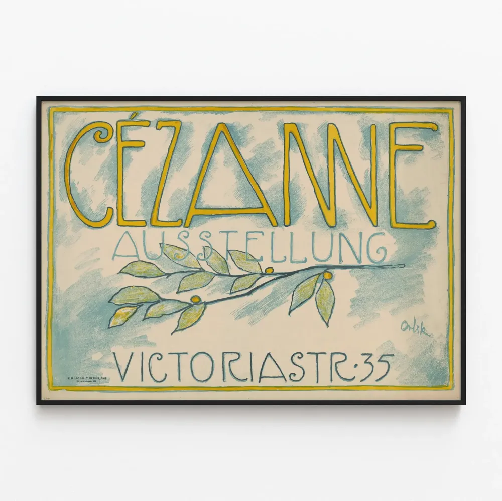Cézanne-näyttelyn vintagejuliste lehtivihreällä koristelulla