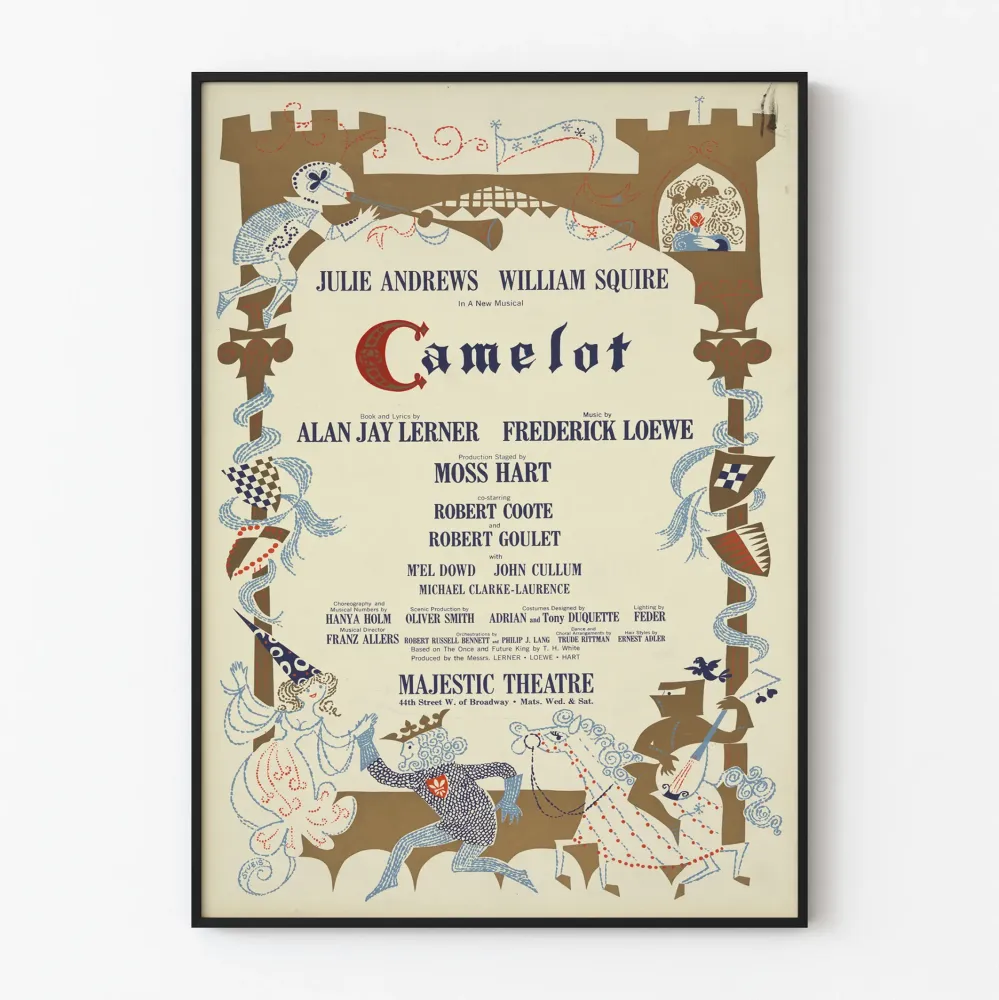dekoratiivinen musiikkijuliste Camelot Broadway-ensiversio