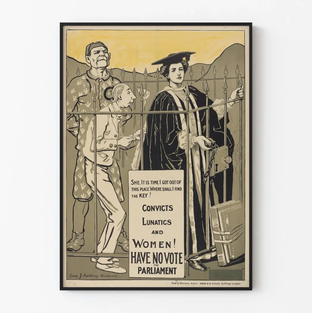 Feministinen vintagejuliste « Rangaistut, hulluja ja naiset eivät saa äänestää parlamentissa »