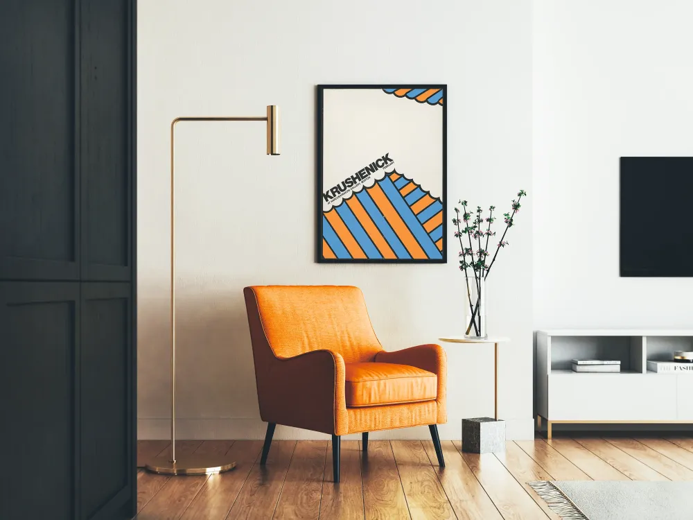Graafisen taiteen juliste Krushenick, sinisillä ja oransseilla geometrisilla kuvioilla