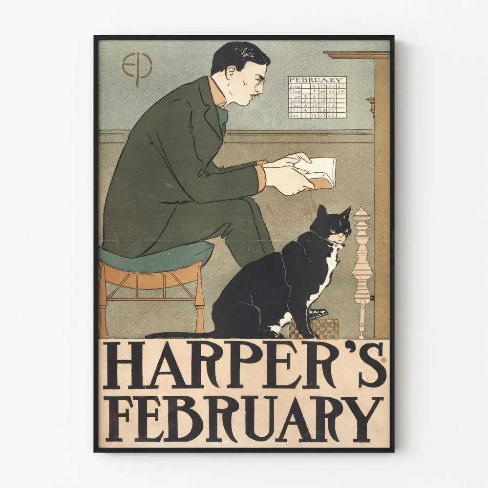 Harper's helmikuun vintage juliste miehen lukemassa ja kissan kanssa