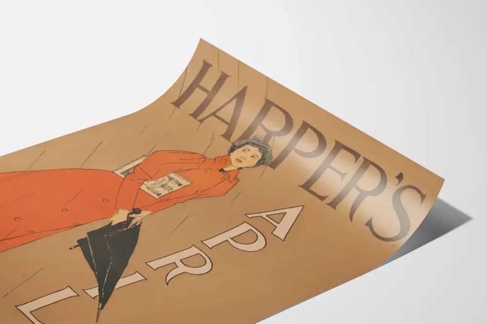 Harper's huhtikuun vintage - Nainen punaisessa takissa ja sateenvarjossa