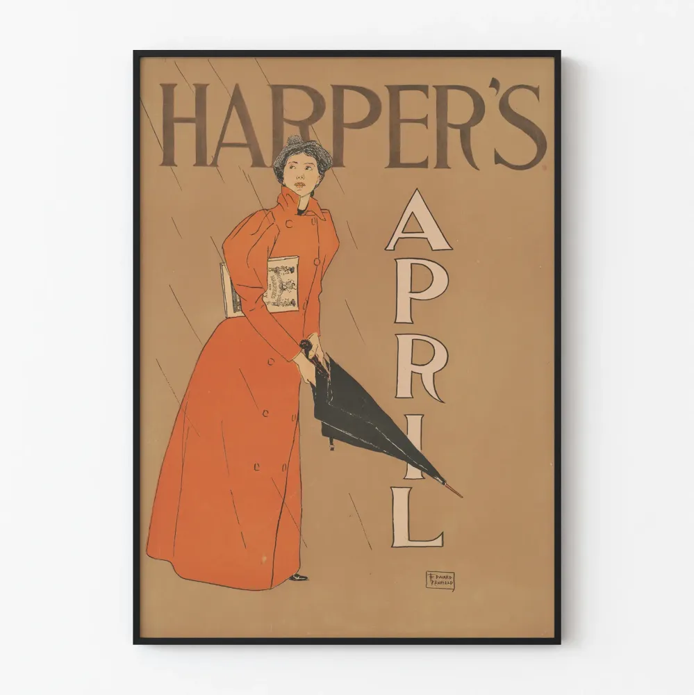 Harper's huhtikuun vintage - Nainen punaisessa takissa ja sateenvarjossa
