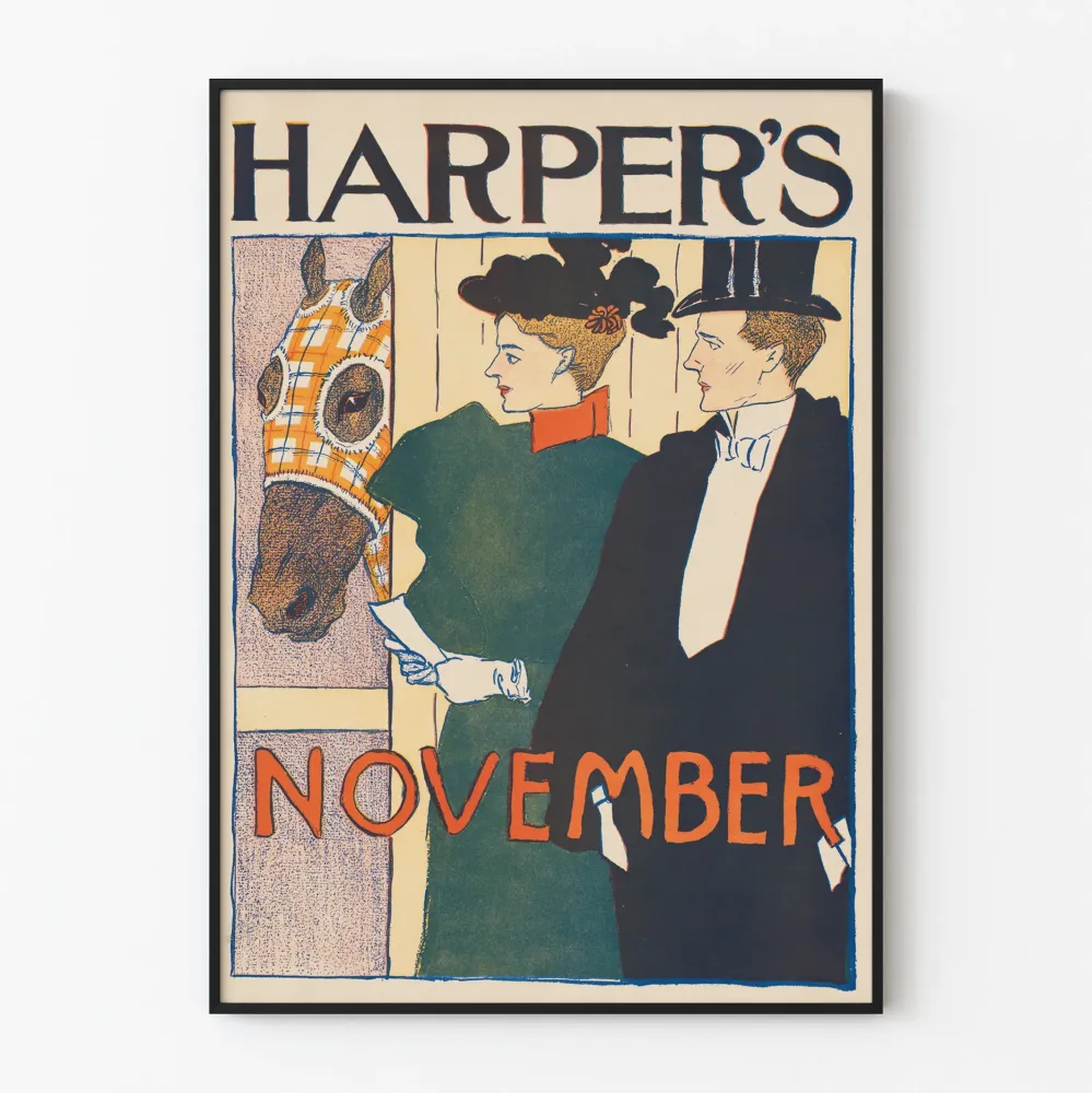 Harper's marraskuun vintagejuliste hevosen ja tyylikkään parin kanssa