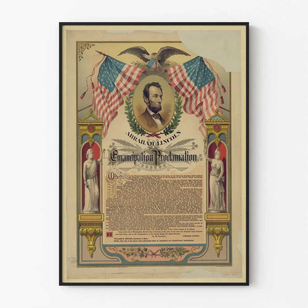 Historiallinen juliste Abraham Lincolnista ja Emansipaatiojulistuksesta