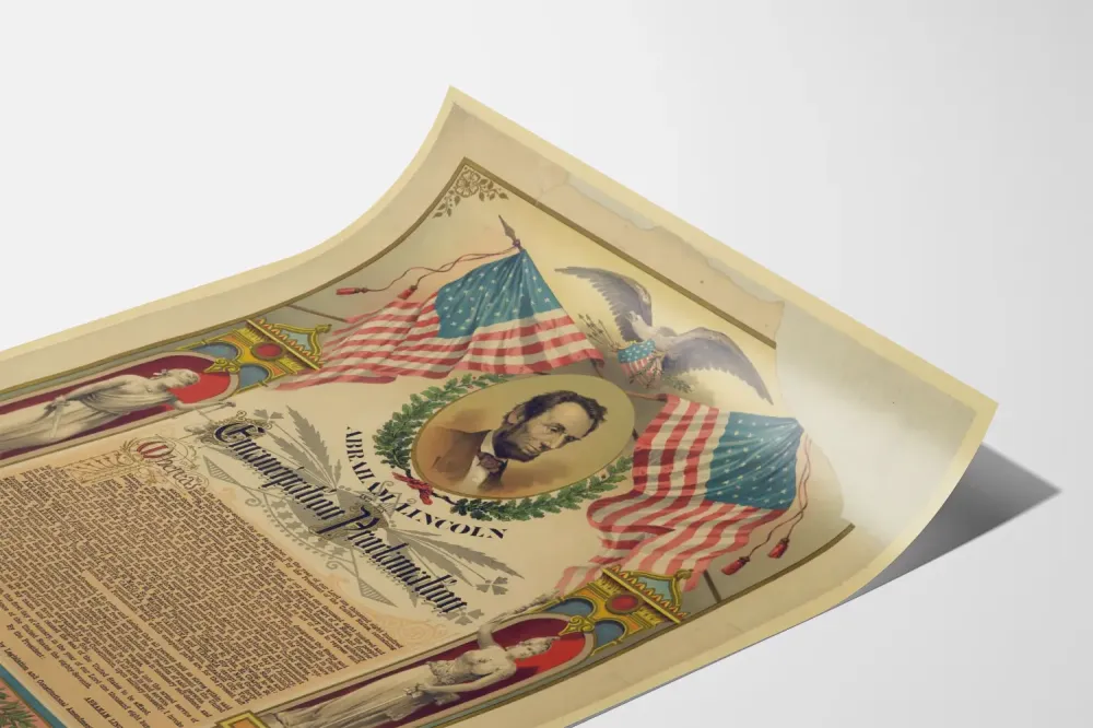 Historiallinen juliste Abraham Lincolnista ja Emansipaatiojulistuksesta
