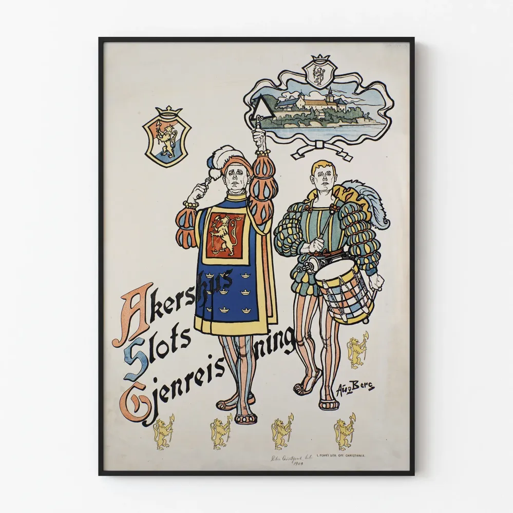 Historiallinen juliste Akershusin linnan uudelleenrakennus - Vintage-seinäkoriste