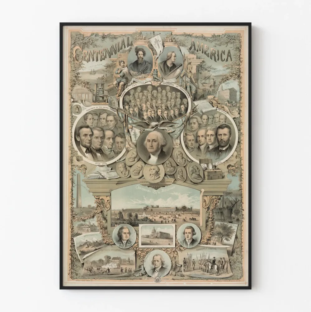 Historiallinen juliste 'Centennial America' Yhdysvaltojen keskeisiä hahmoja ja tapahtumia kuvaava