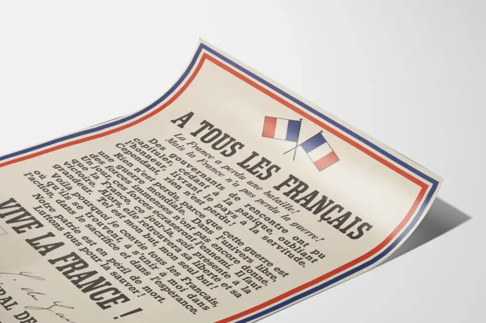 Historiallinen juliste kaikille ranskalaisille – Kenraali de Gaullen kutsu