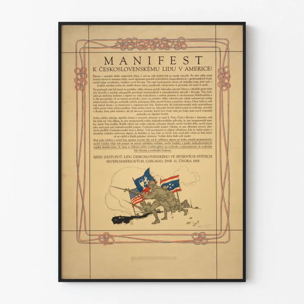 Historiallinen juliste Manifesti Tšekkoslovakian kansalle Amerikassa 1918