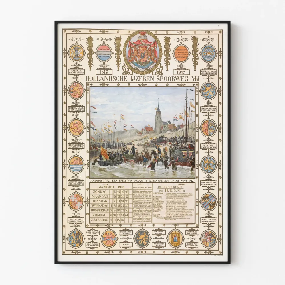 Historiallinen juliste Prins van Oranjen saapumisesta Scheveningeniin 1813-1913