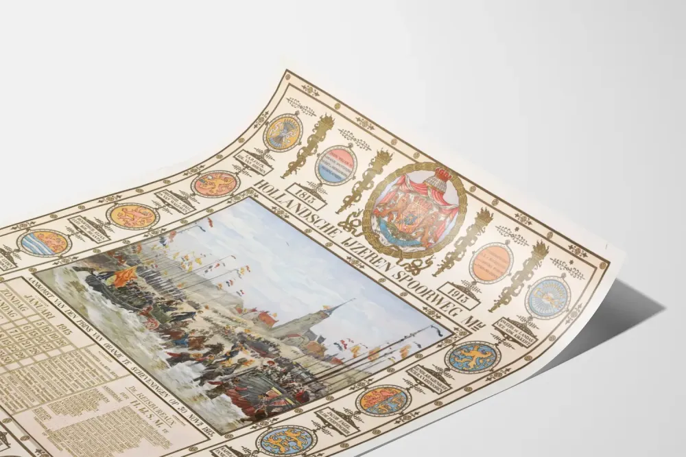 Historiallinen juliste Prins van Oranjen saapumisesta Scheveningeniin 1813-1913