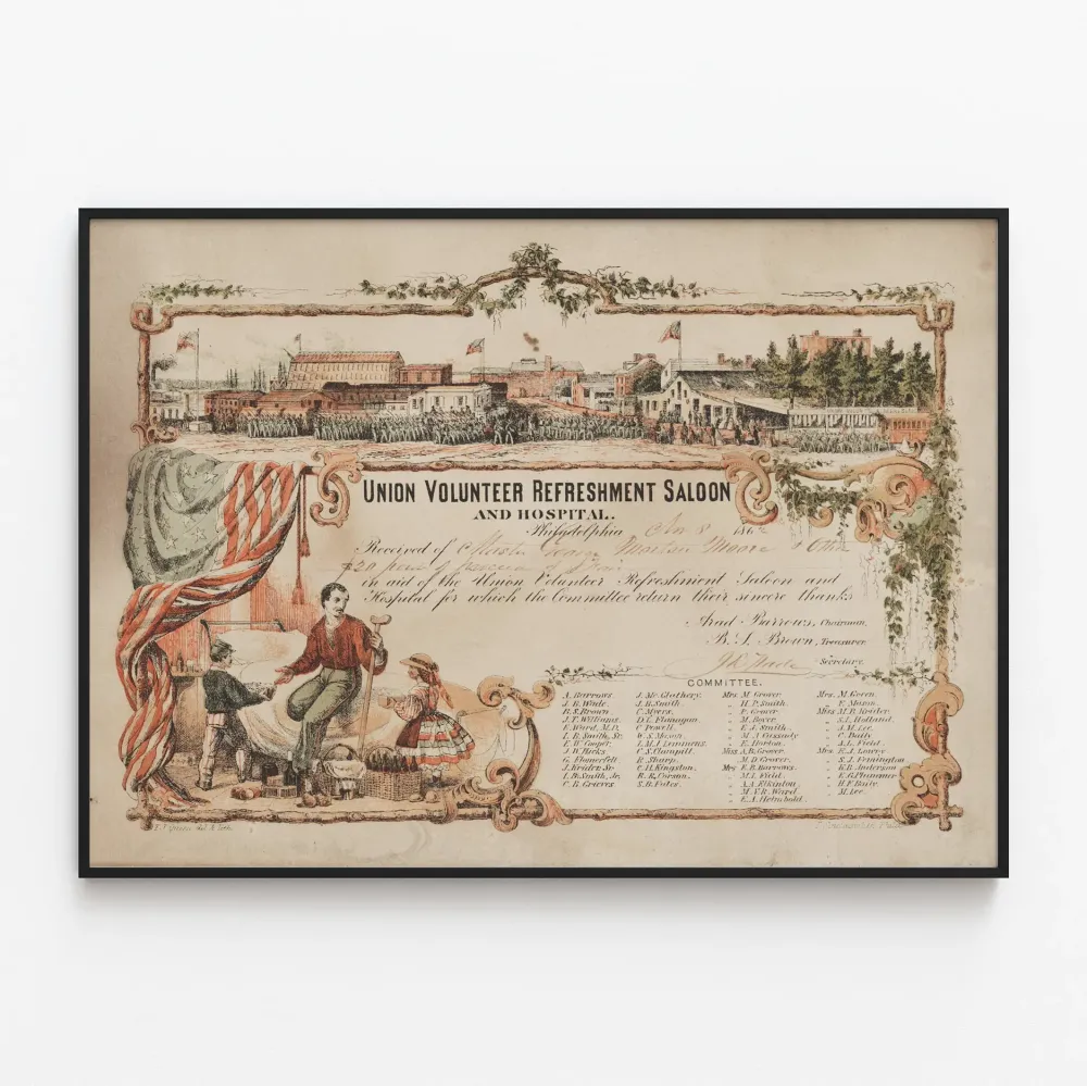 Historiallinen juliste Union Volunteer Refreshment Saloon ja Sairaala