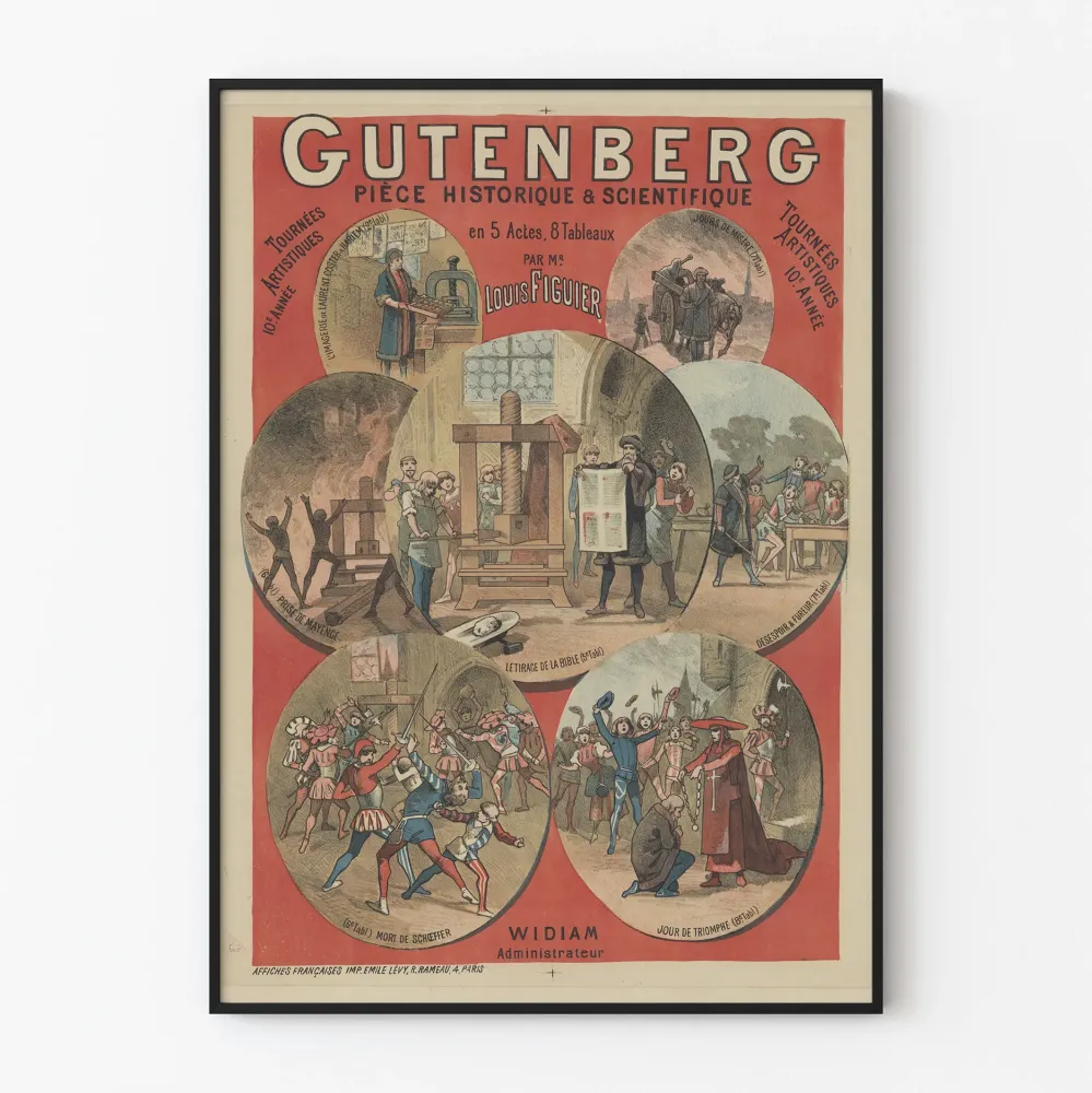 Historiallinen koristejuliste Gutenbergista – Taidekiertueen juliste 5 näytöksen sarjassa