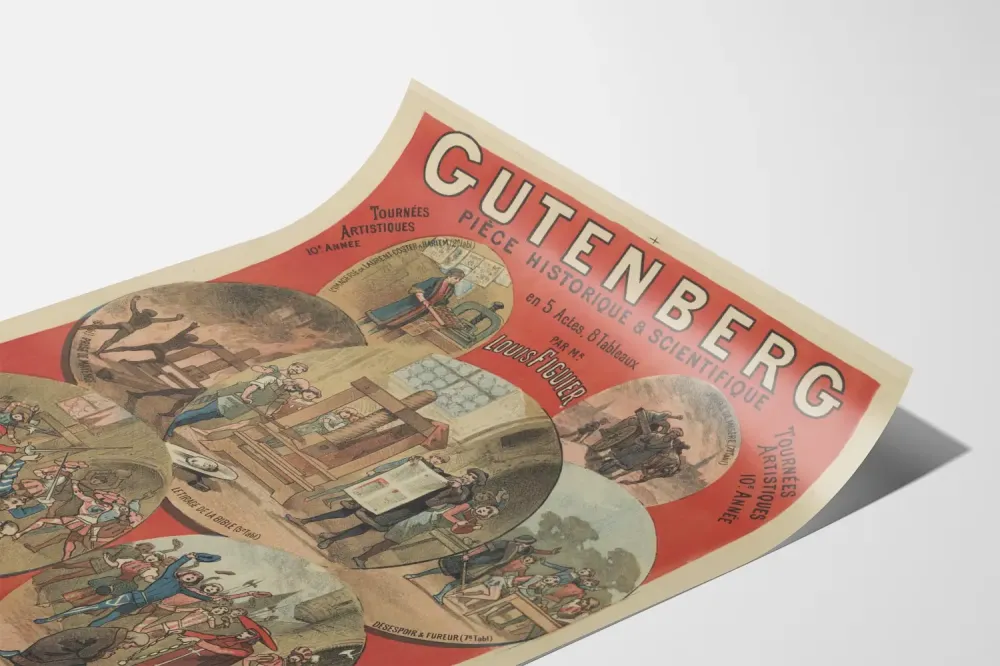 Historiallinen koristejuliste Gutenbergista – Taidekiertueen juliste 5 näytöksen sarjassa