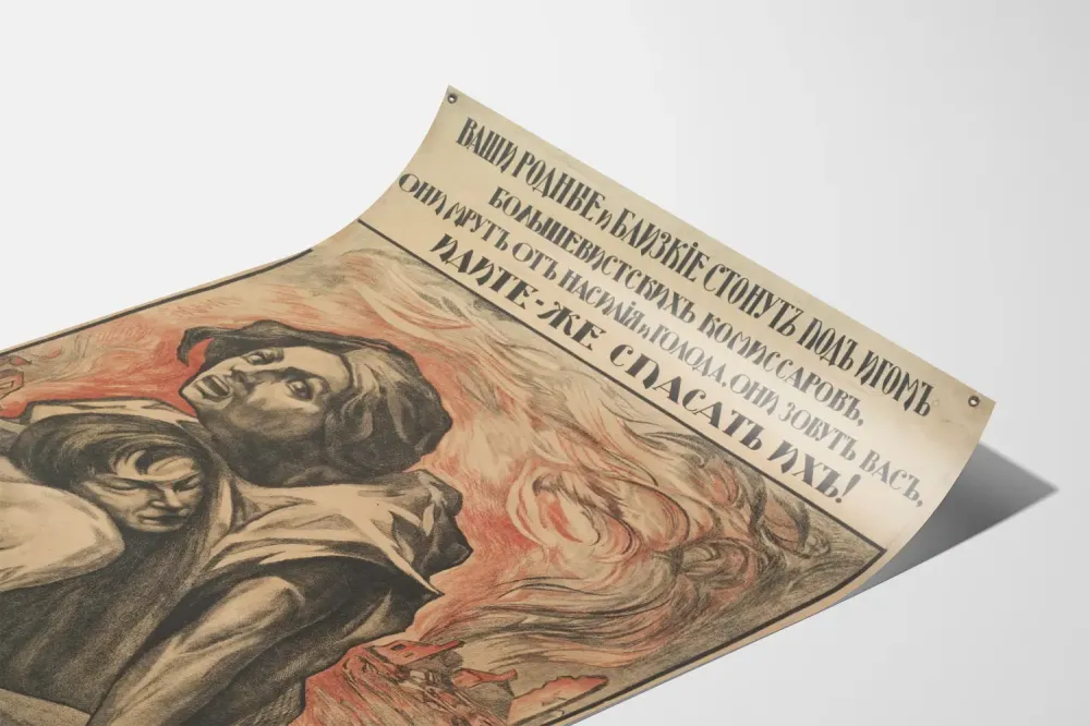 Historiallinen propagandajuliste hiilipiirroksella ja punaisella