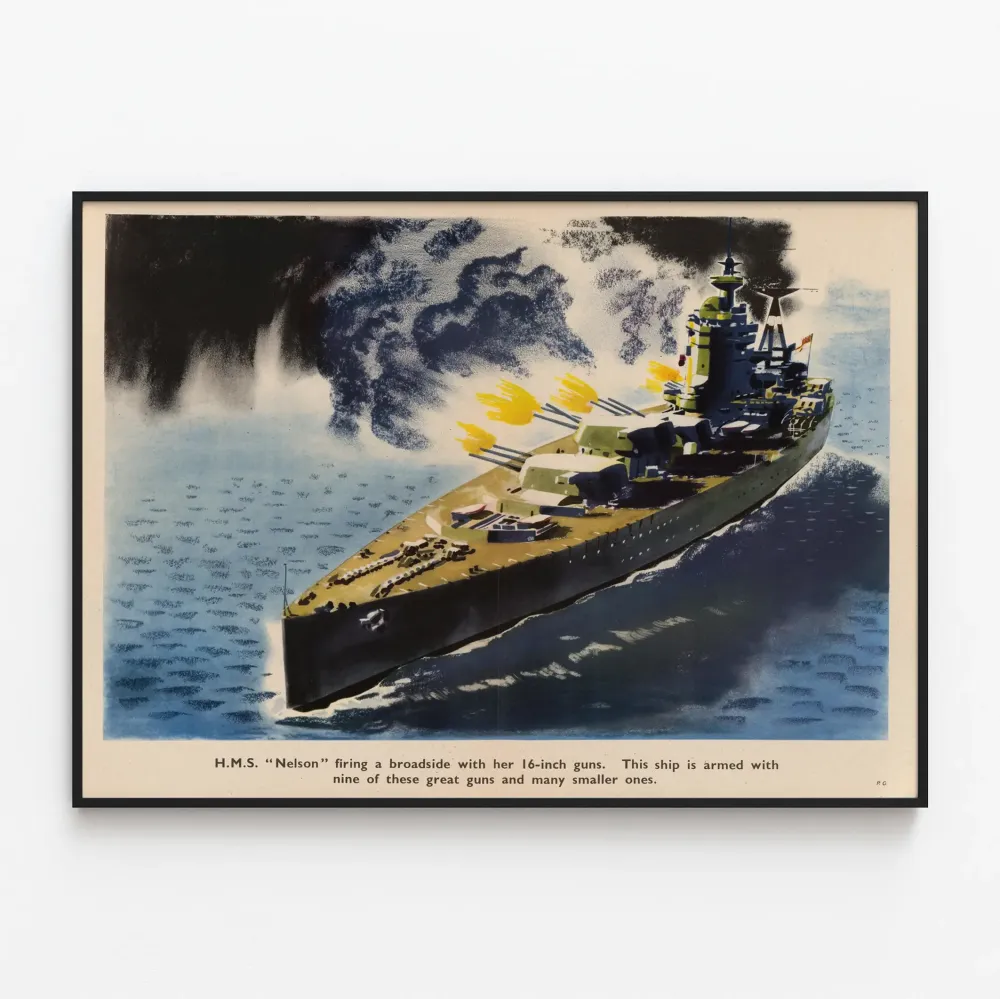 H.M.S. Nelsonin juliste laivasta toiminnassa 16-tuumaisilla tykeillä