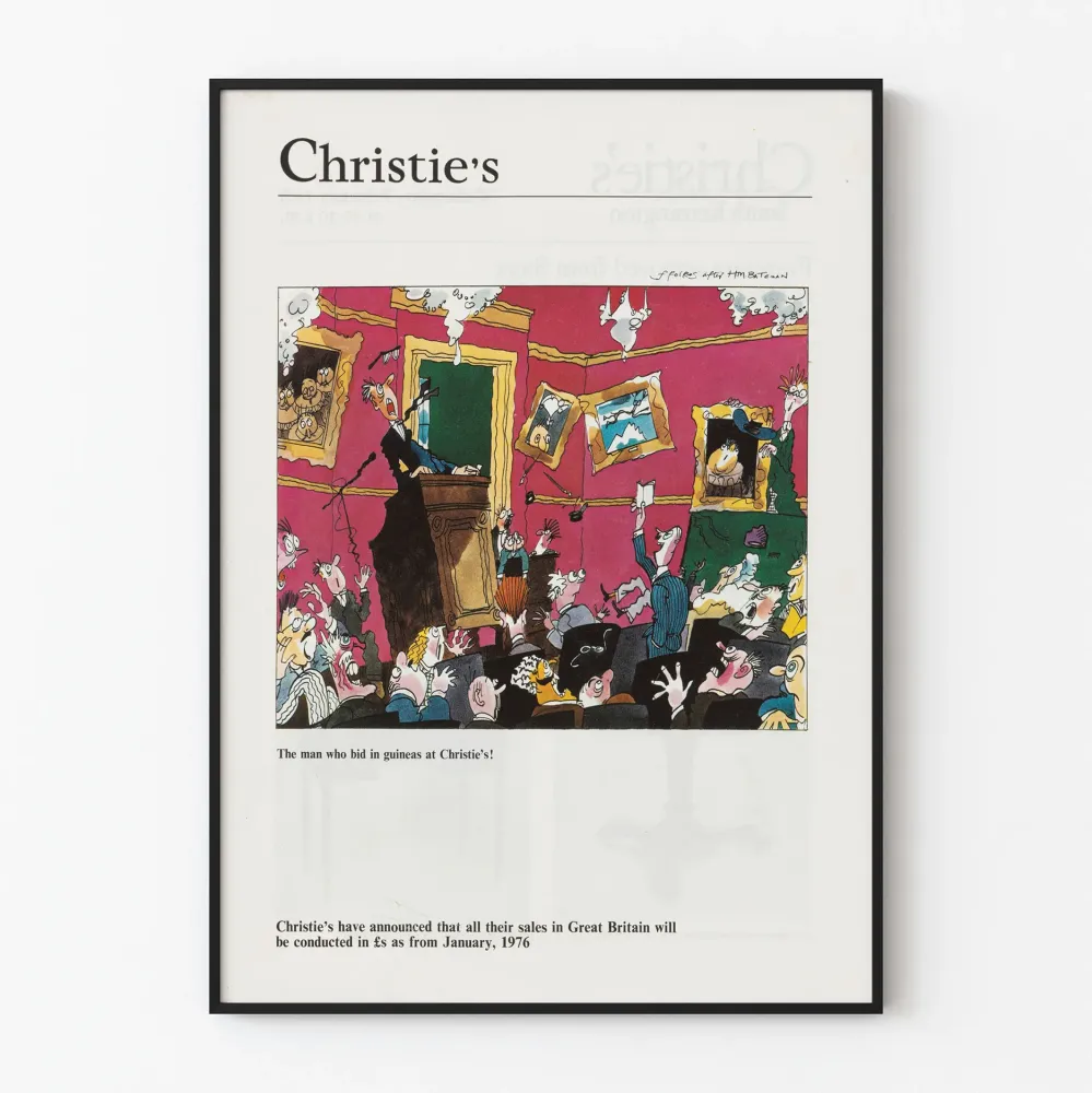 Huumoristinen juliste huutokaupasta Christie's, painos vuodelta 1976