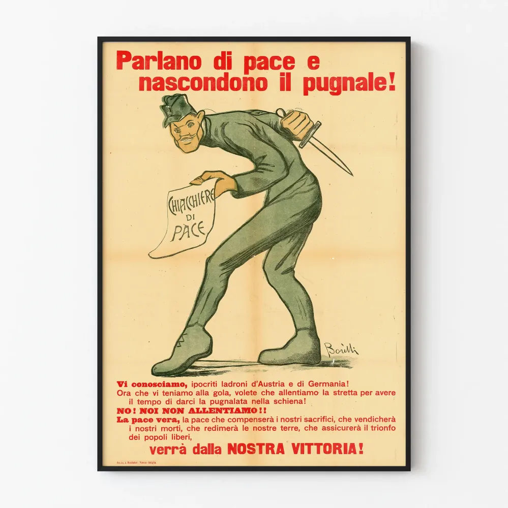 italialainen historiallinen juliste 'Puhutaan rauhasta ja piilotetaan veitsi'